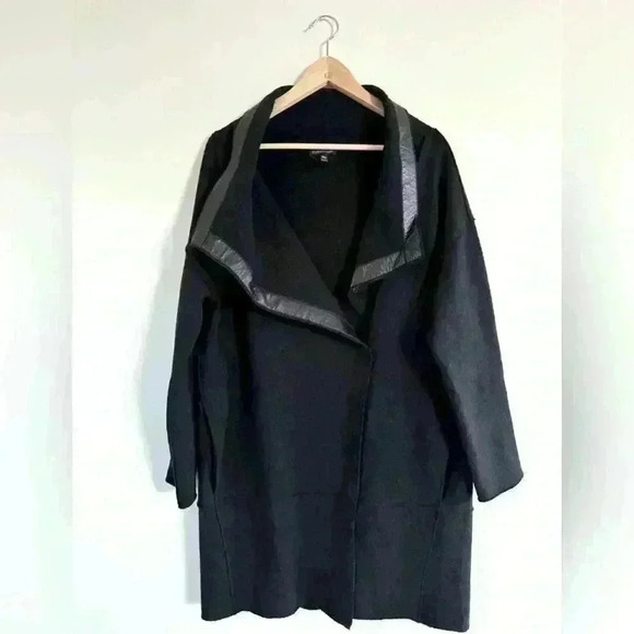Eileen Fisher Oversized Wool Coat Leather Trim Size XSS - Picture 4 of 5